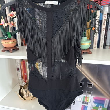 Black Lace Bodysuit with Tassels