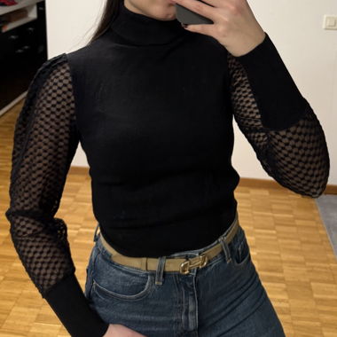 Pull Zara noir élégant manches dentelle S