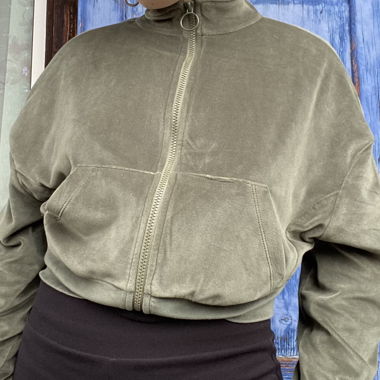 cropped olive green velvet zip up jacket