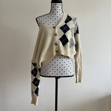 asymmetrical plaid cream cardigan