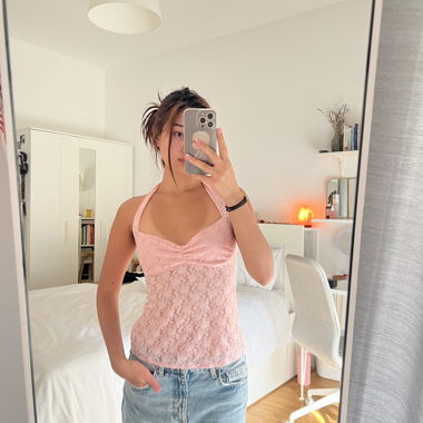 pink lace open back halter top