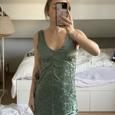 green silk dress