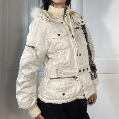 White/creme jacket with a fur hood